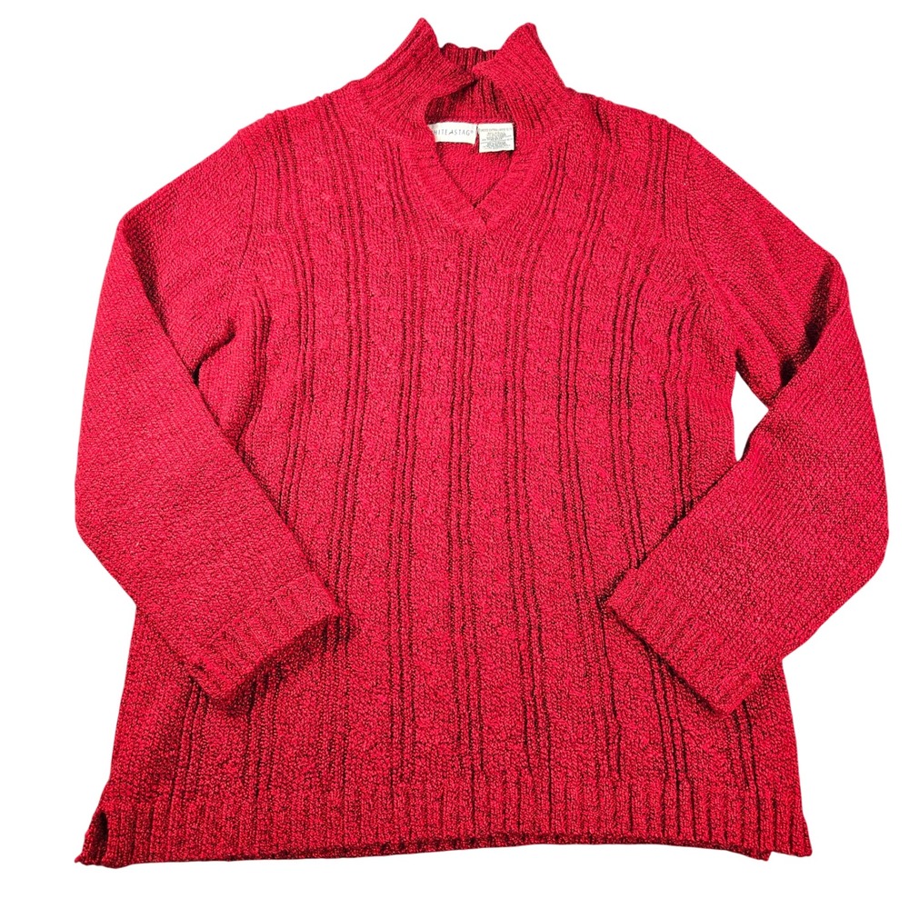 White Stag Red Marl Knit Split Turtleneck Sweater Ladies XL 16/18 Textured Top